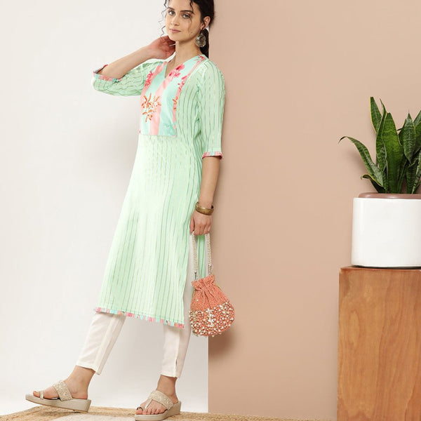 Ahalyaa Women Sea Green & Pink Striped Gotta Patti Floral Crepe Kurta - Distacart