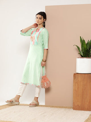 Ahalyaa Women Sea Green & Pink Striped Gotta Patti Floral Crepe Kurta - Distacart