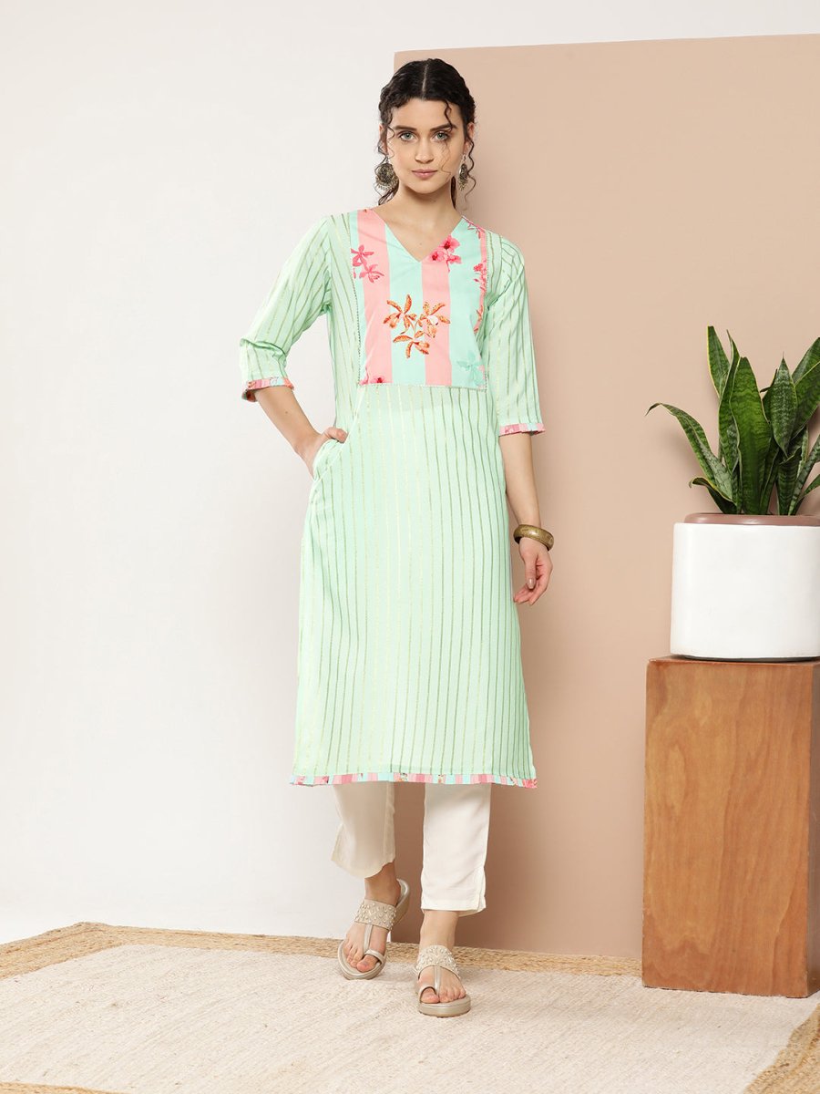 Ahalyaa Women Sea Green & Pink Striped Gotta Patti Floral Crepe Kurta - Distacart