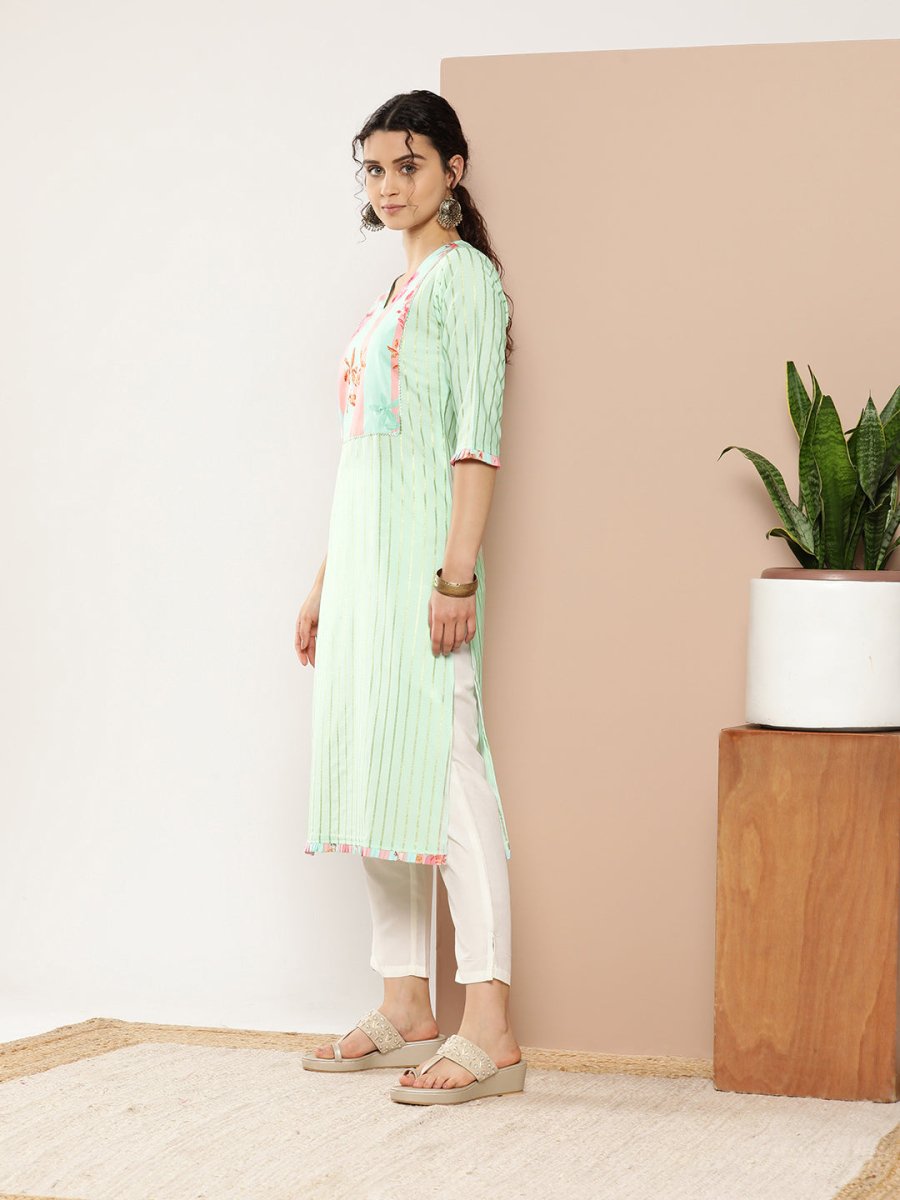 Ahalyaa Women Sea Green & Pink Striped Gotta Patti Floral Crepe Kurta - Distacart