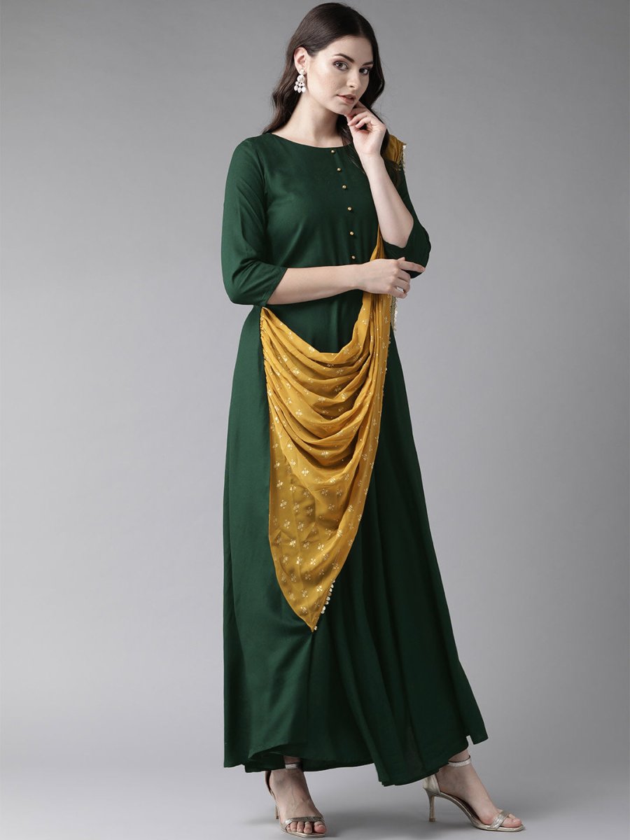 Ahalyaa Women Green & Mustard Yellow Solid Maxi Dress With Attached Dupatta