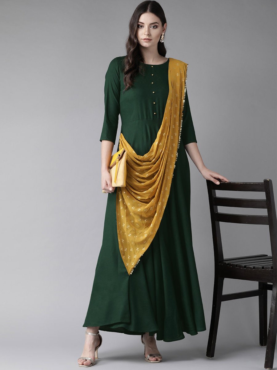 Ahalyaa Women Green & Mustard Yellow Solid Maxi Dress With Attached Dupatta