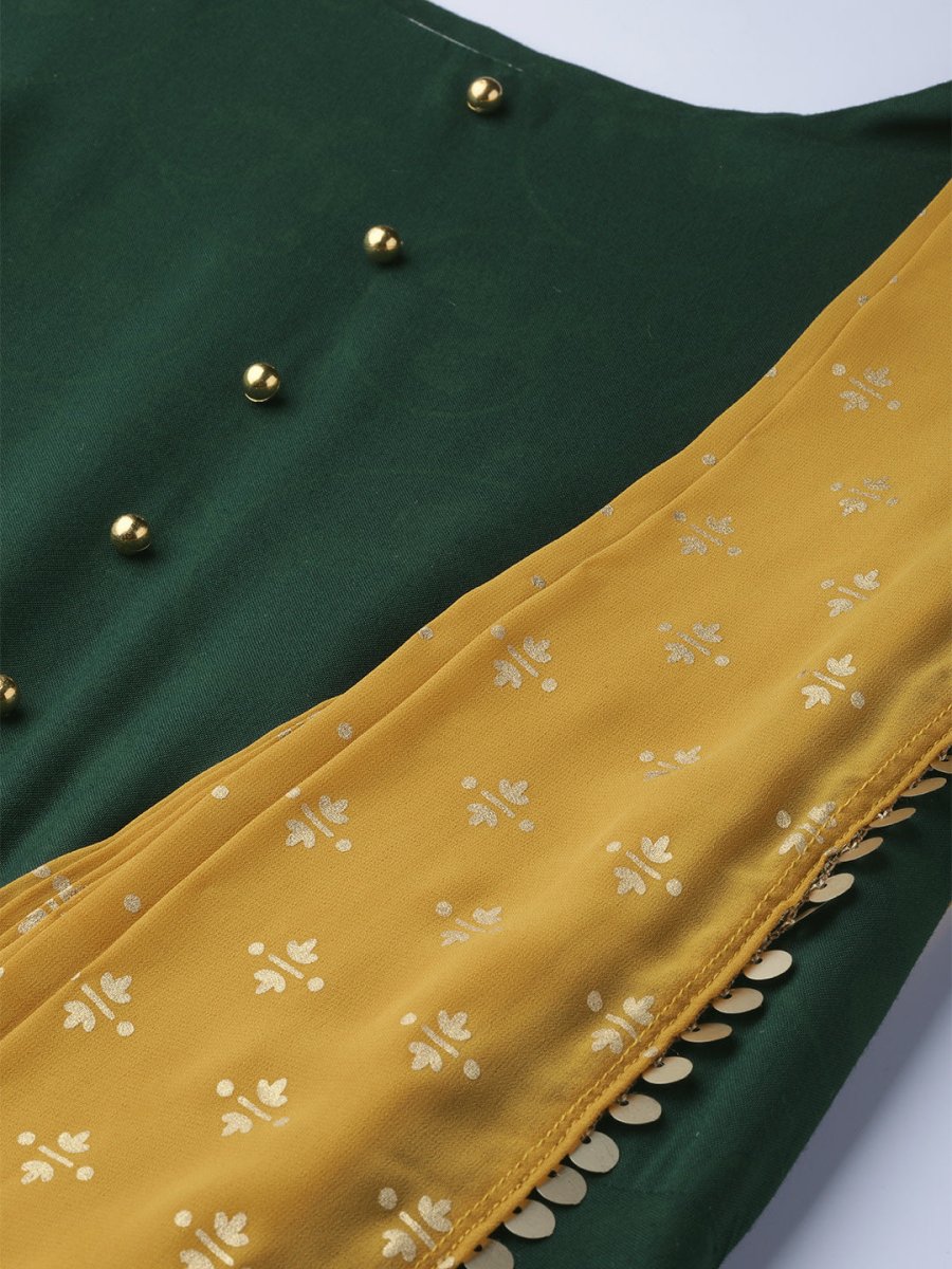 Ahalyaa Women Green & Mustard Yellow Solid Maxi Dress With Attached Dupatta