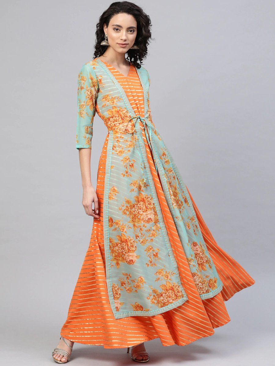 Ahalyaa Women Orange & Gold Ethnic Kurta Dress