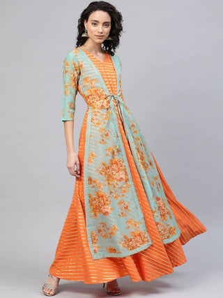 Ahalyaa Women Orange & Gold Ethnic Kurta Dress