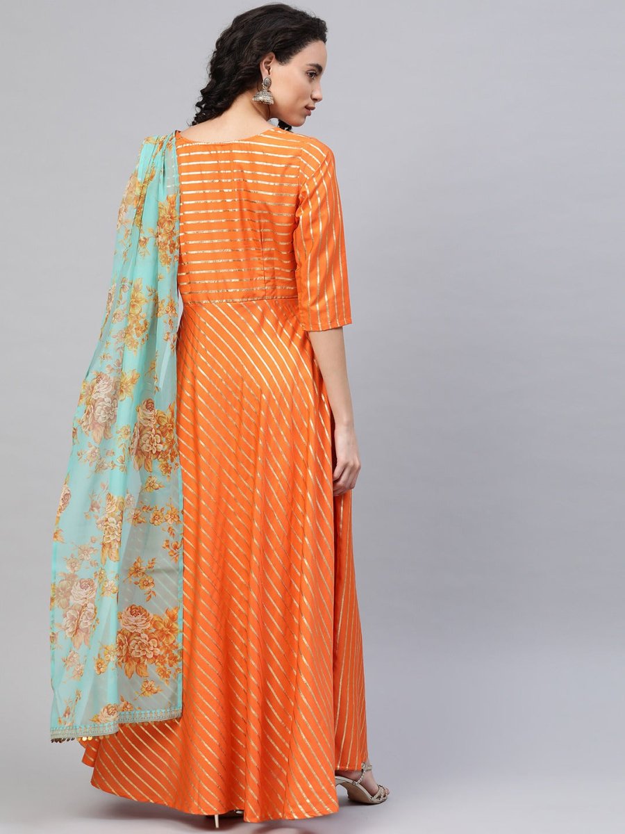 Ahalyaa Women Orange & Gold Ethnic Kurta Saree Dress