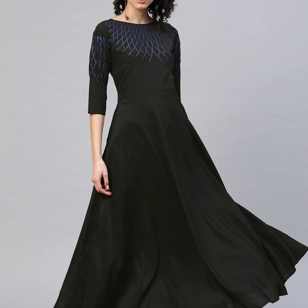 Ahalyaa Women Black Long Flared Kurta Dress