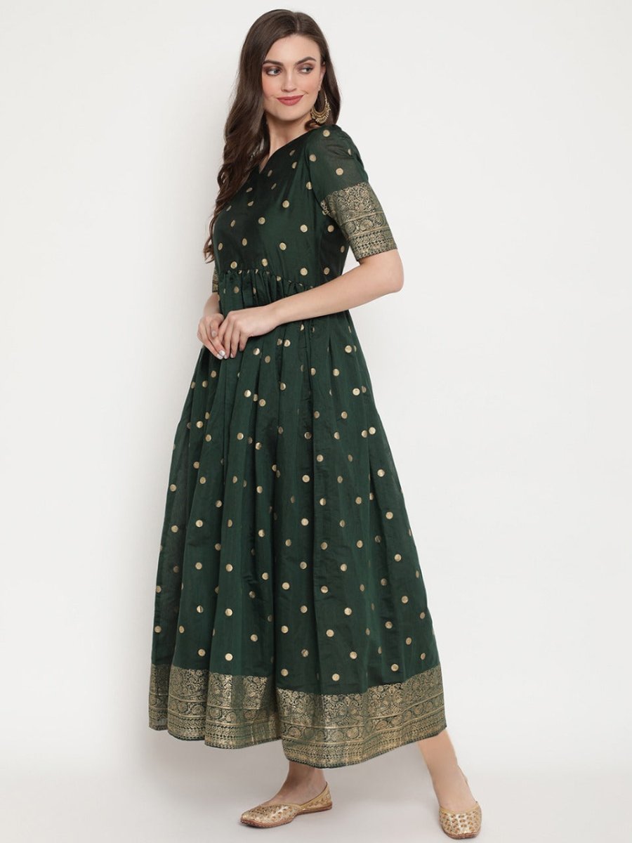 Ahalyaa Women Beautiful Green Print Work Chanderi Silk Anarkali Kurta