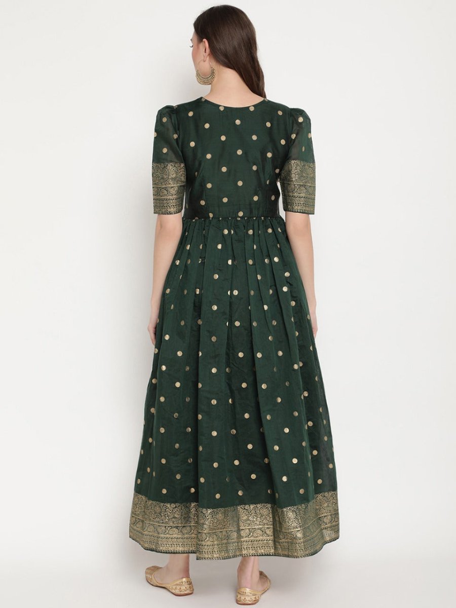 Ahalyaa Women Beautiful Green Print Work Chanderi Silk Anarkali Kurta