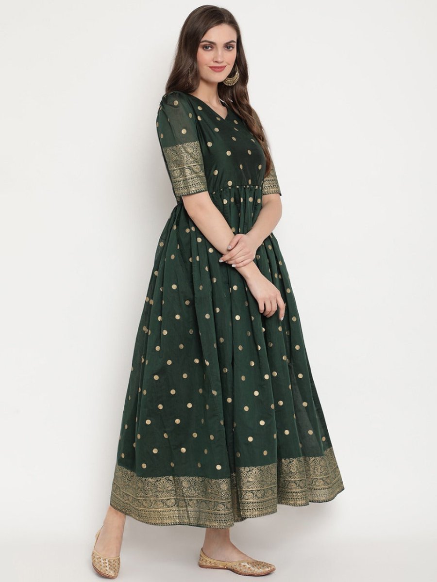 Ahalyaa Women Beautiful Green Print Work Chanderi Silk Anarkali Kurta