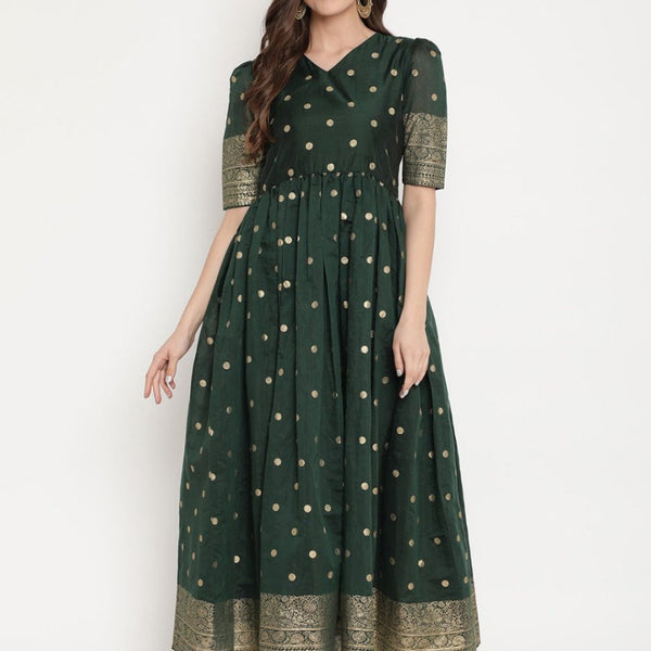 Ahalyaa Women Beautiful Green Print Work Chanderi Silk Anarkali Kurta