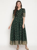 Thumbnail for Ahalyaa Women Beautiful Green Print Work Chanderi Silk Anarkali Kurta