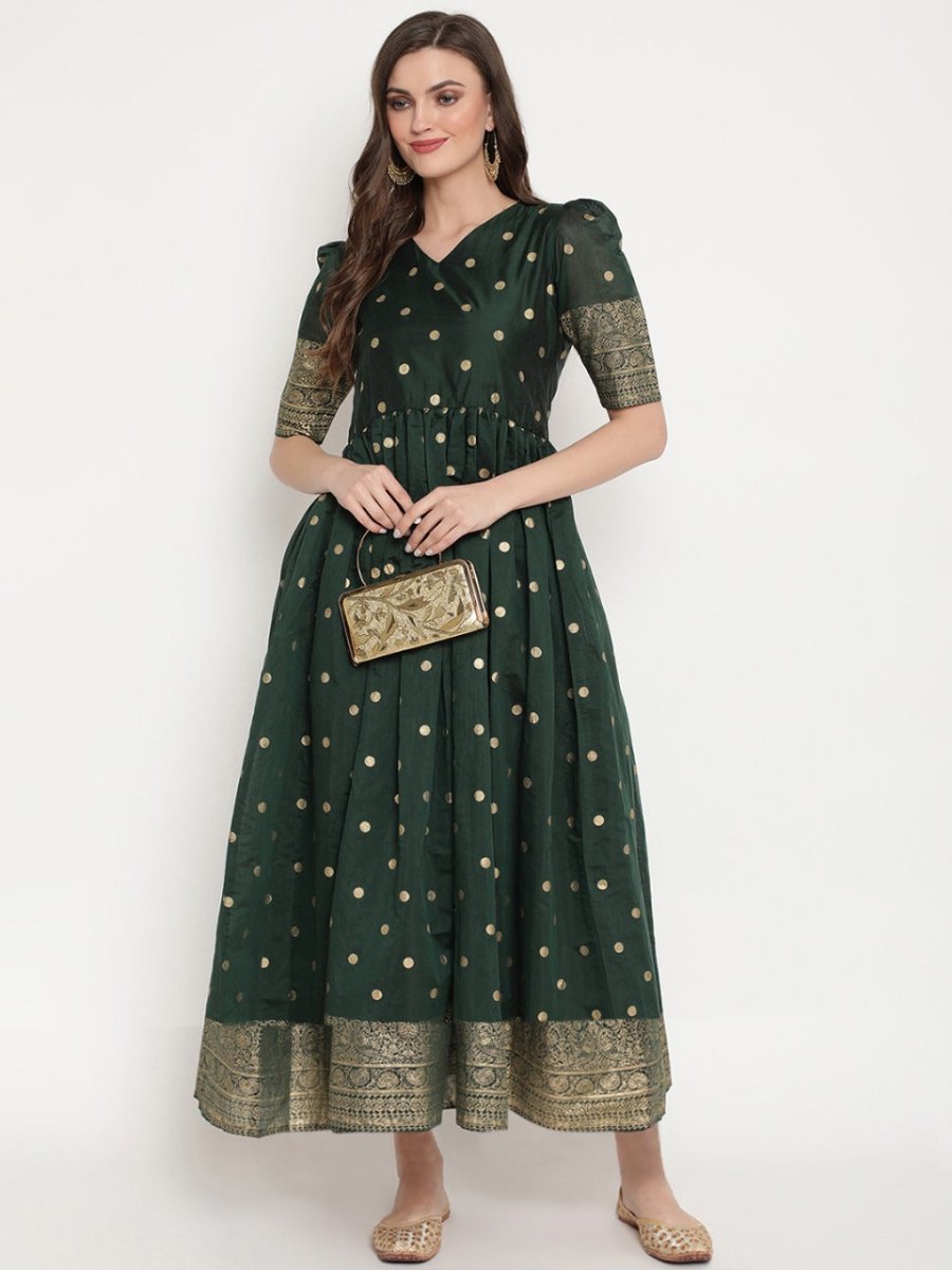 Ahalyaa Women Beautiful Green Print Work Chanderi Silk Anarkali Kurta