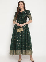 Thumbnail for Ahalyaa Women Beautiful Green Print Work Chanderi Silk Anarkali Kurta