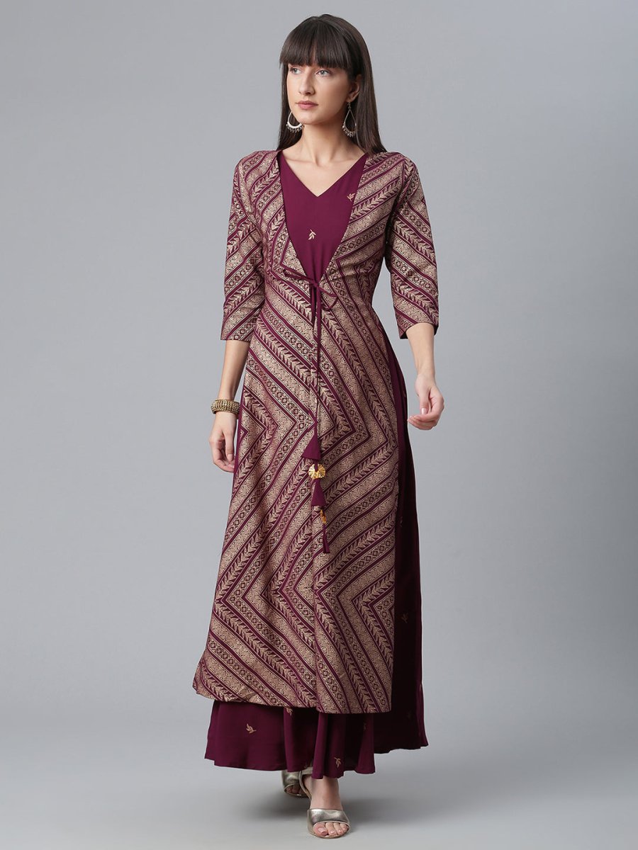 Ahalyaa Crepe Wine Glitter Print Kurta With Jacket - Distacart