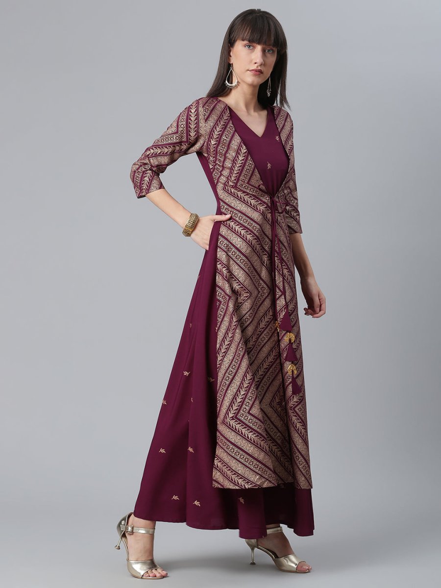 Ahalyaa Crepe Wine Glitter Print Kurta With Jacket - Distacart