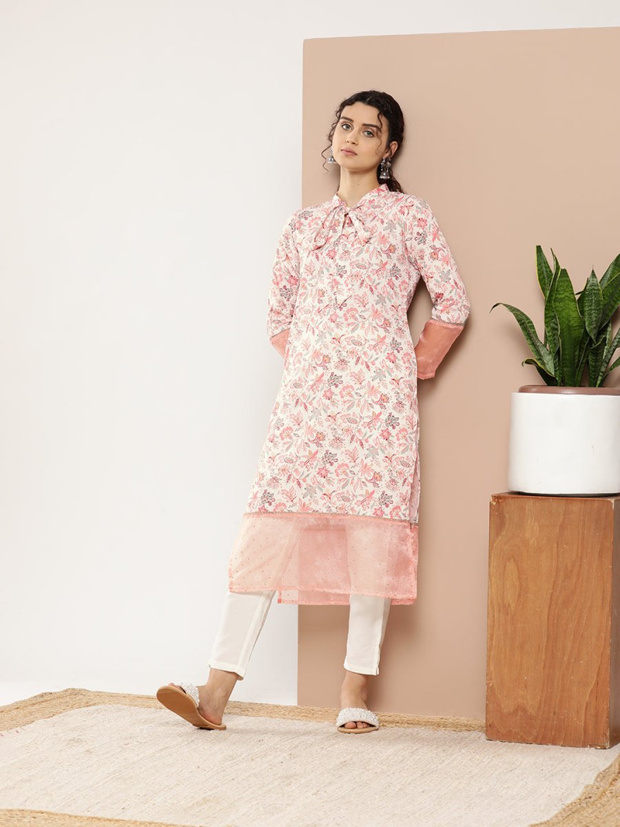 Ahalyaa Women Pink & Off White Floral Printed Gotta Patti Floral Crepe Kurta - Distacart