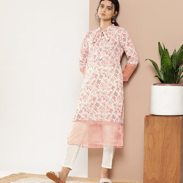 Ahalyaa Women Pink & Off White Floral Printed Gotta Patti Floral Crepe Kurta - Distacart