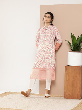 Ahalyaa Women Pink & Off White Floral Printed Gotta Patti Floral Crepe Kurta - Distacart