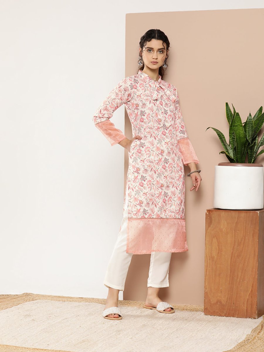Ahalyaa Women Pink & Off White Floral Printed Gotta Patti Floral Crepe Kurta - Distacart