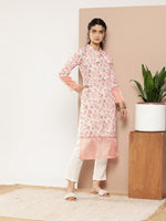 Thumbnail for Ahalyaa Women Pink & Off White Floral Printed Gotta Patti Floral Crepe Kurta - Distacart