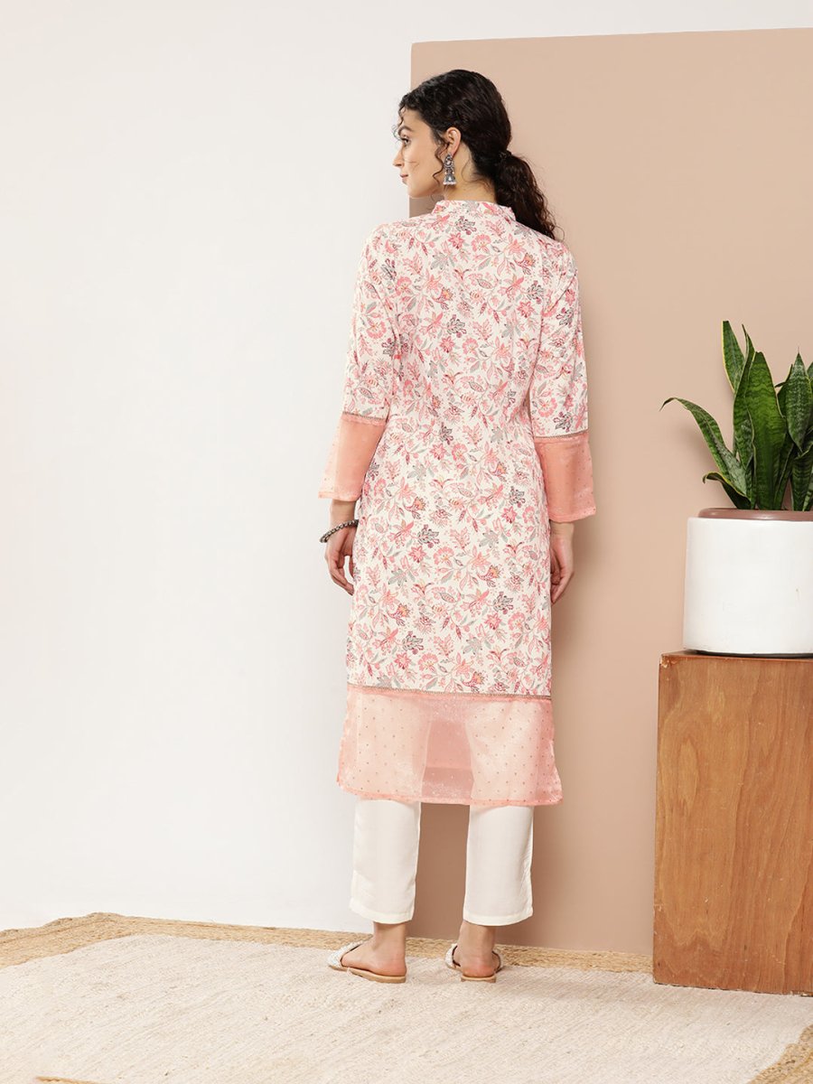 Ahalyaa Women Pink & Off White Floral Printed Gotta Patti Floral Crepe Kurta - Distacart