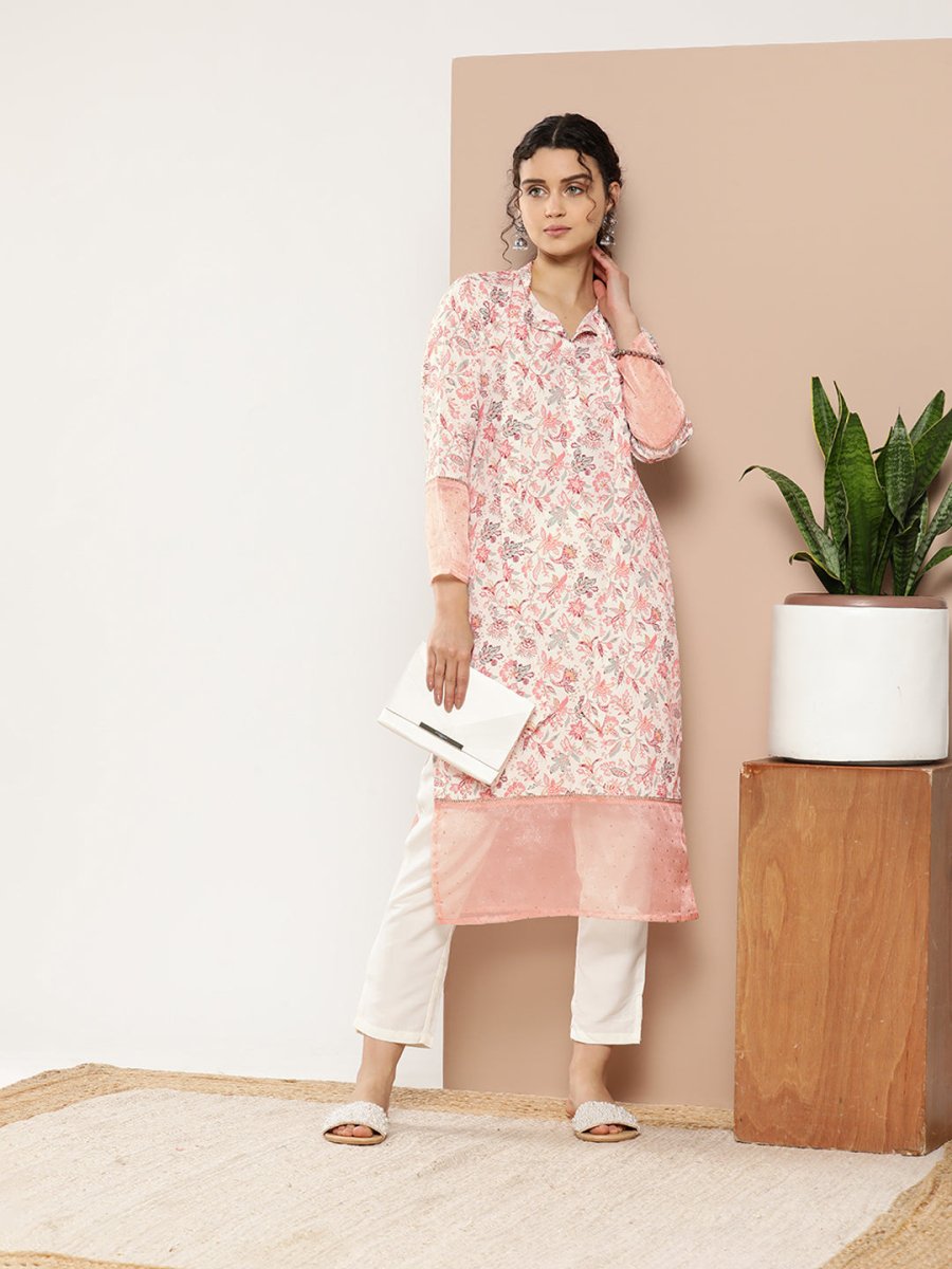 Ahalyaa Women Pink & Off White Floral Printed Gotta Patti Floral Crepe Kurta - Distacart