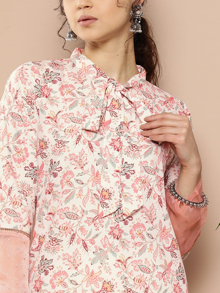 Ahalyaa Women Pink & Off White Floral Printed Gotta Patti Floral Crepe Kurta - Distacart