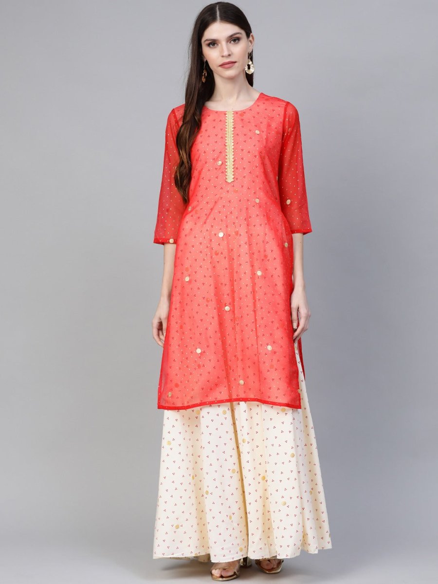 Ahalyaa Women Cream-Coloured & Red Bandhani Foil Printed Layered Maxi Dress