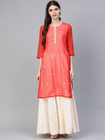 Thumbnail for Ahalyaa Women Cream-Coloured & Red Bandhani Foil Printed Layered Maxi Dress
