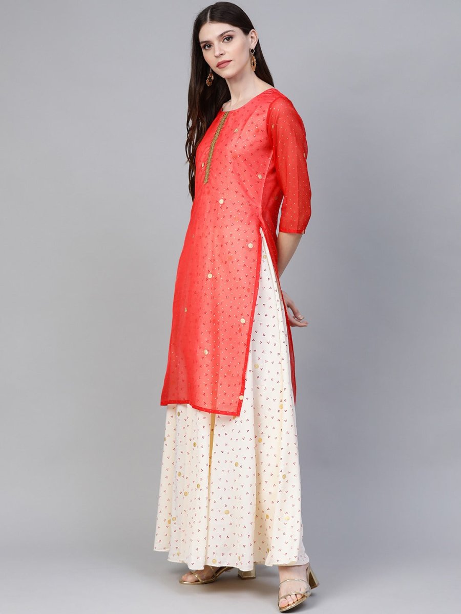 Ahalyaa Women Cream-Coloured & Red Bandhani Foil Printed Layered Maxi Dress