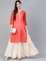 Thumbnail for Ahalyaa Women Cream-Coloured & Red Bandhani Foil Printed Layered Maxi Dress