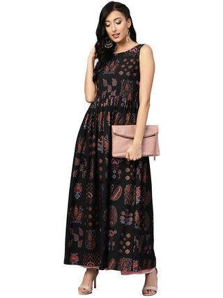 Ahalyaa Black Printed Flare Kurta Dress For Women