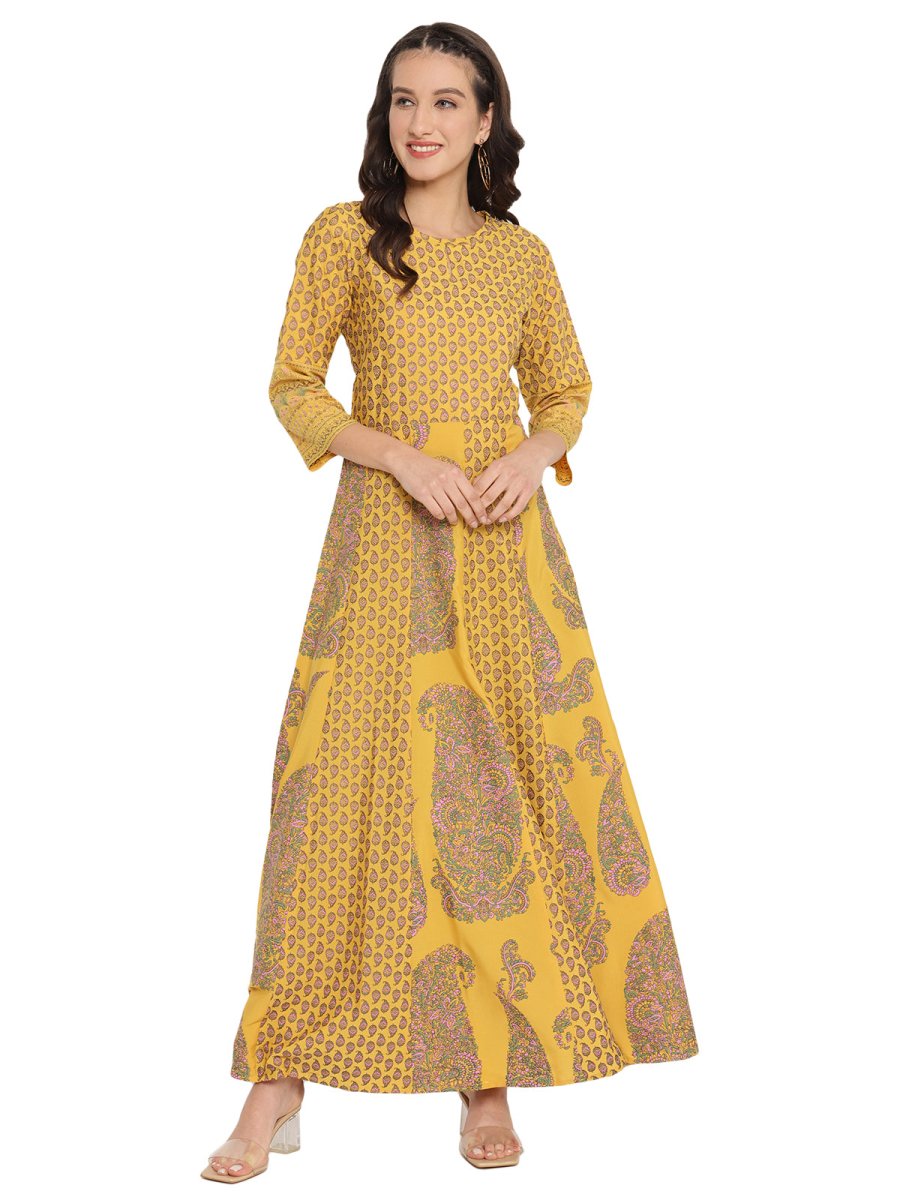 Ahalyaa Mustard Yellow & Grey Printed Fit and Flare Maxi Dress