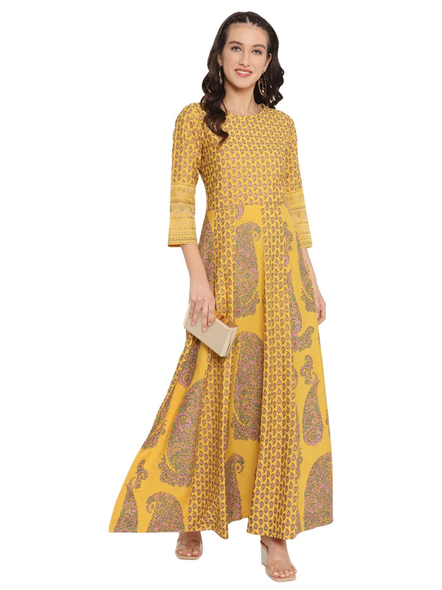 Ahalyaa Mustard Yellow & Grey Printed Fit and Flare Maxi Dress