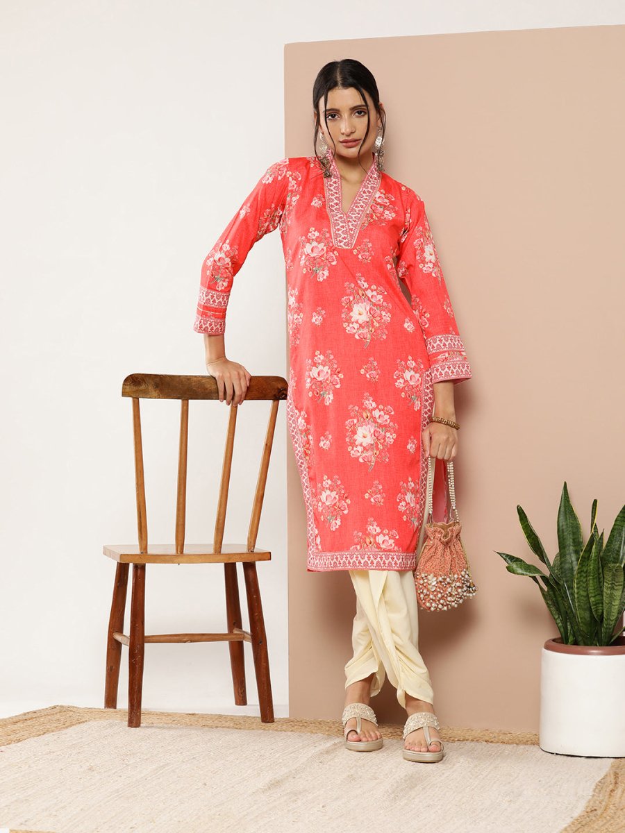 Ahalyaa Women Red Floral Printed Gotta Patti Kurta with Dhoti Pants - Distacart
