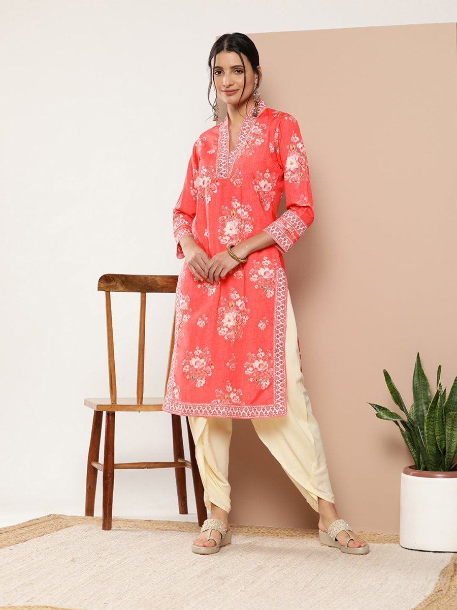 Ahalyaa Women Red Floral Printed Gotta Patti Kurta with Dhoti Pants - Distacart