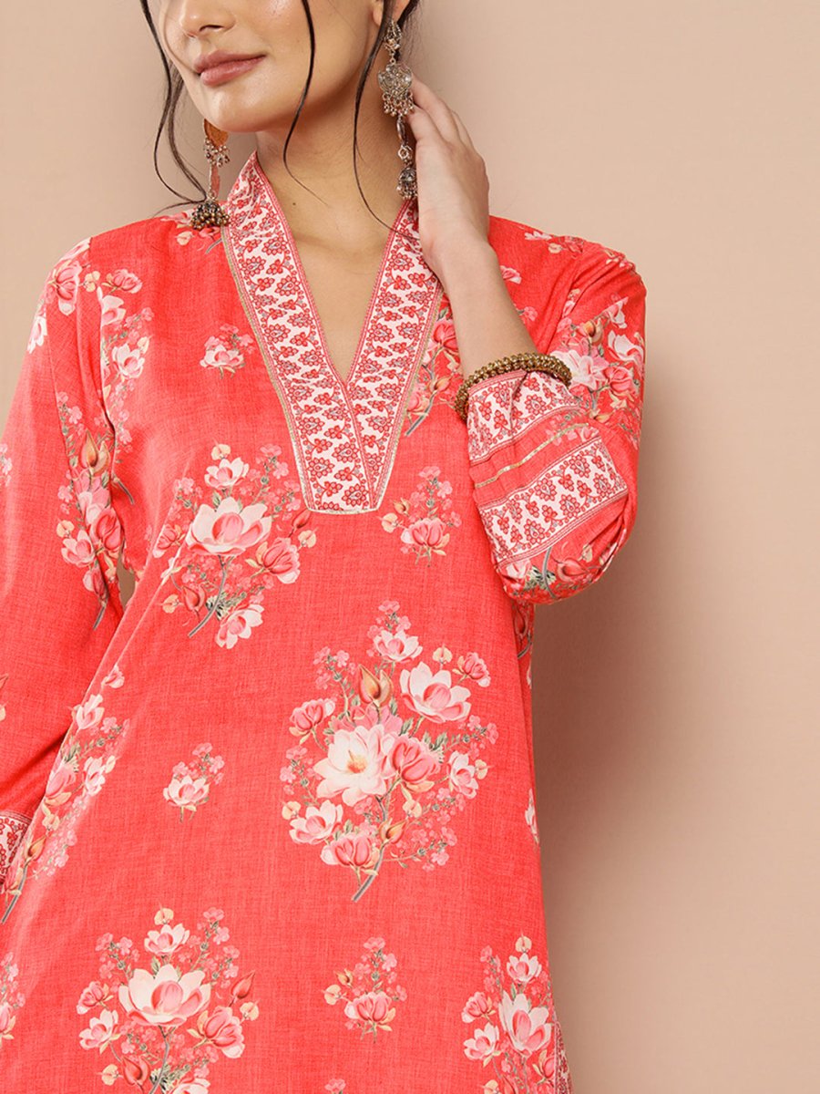 Ahalyaa Women Red Floral Printed Gotta Patti Kurta with Dhoti Pants - Distacart