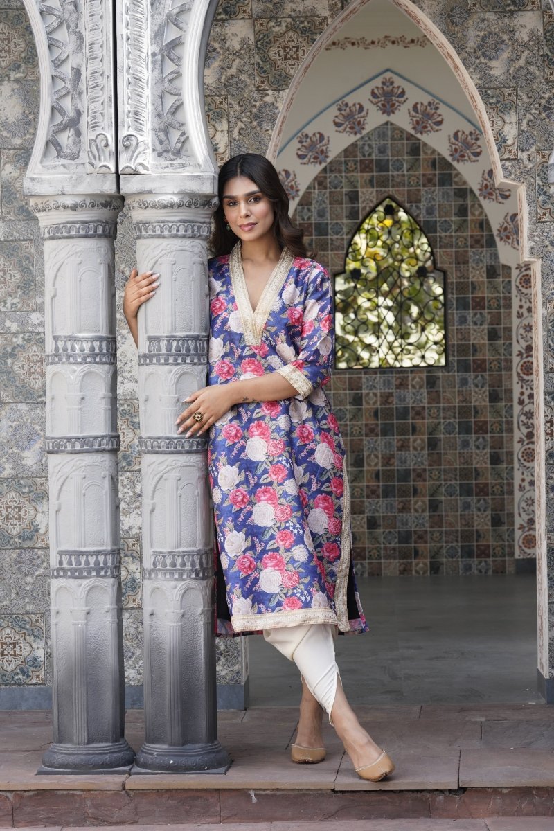 Ahalyaa Women Navy Blue Floral Printed Pleated Kurta with Dhoti Pants - Distacart