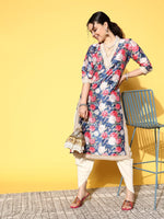 Thumbnail for Ahalyaa Women Navy Blue Floral Printed Pleated Kurta with Dhoti Pants - Distacart