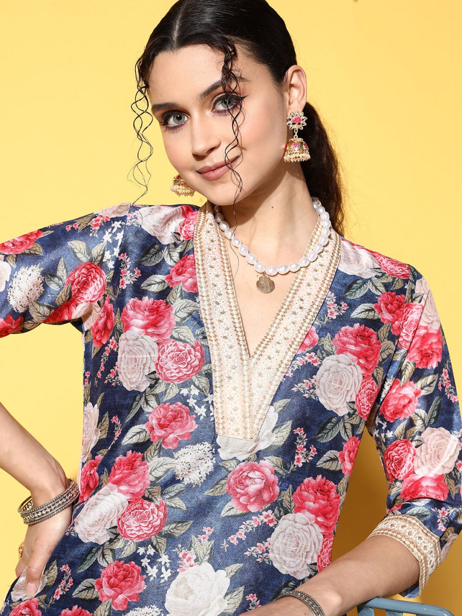 Ahalyaa Women Navy Blue Floral Printed Pleated Kurta with Dhoti Pants - Distacart