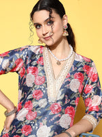 Thumbnail for Ahalyaa Women Navy Blue Floral Printed Pleated Kurta with Dhoti Pants - Distacart