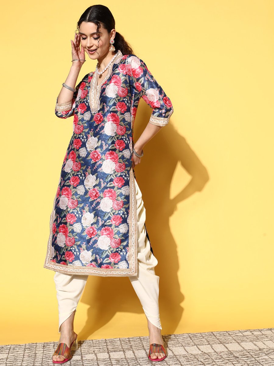 Ahalyaa Women Navy Blue Floral Printed Pleated Kurta with Dhoti Pants - Distacart