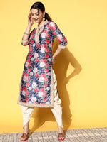 Thumbnail for Ahalyaa Women Navy Blue Floral Printed Pleated Kurta with Dhoti Pants - Distacart