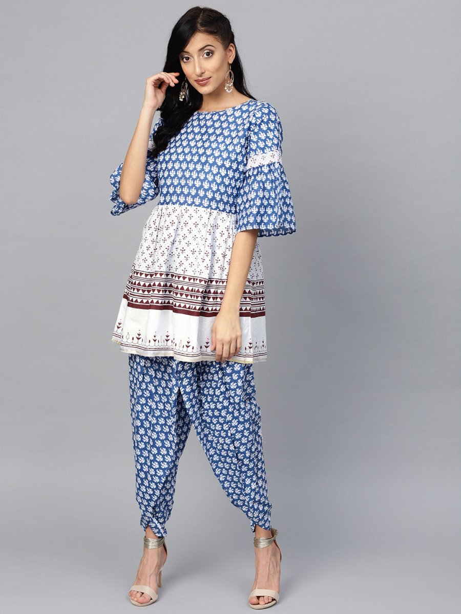 Ahalyaa Women Blue & White Printed Kurti with Dhoti Pants - Distacart