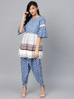 Thumbnail for Ahalyaa Women Blue & White Printed Kurti with Dhoti Pants - Distacart