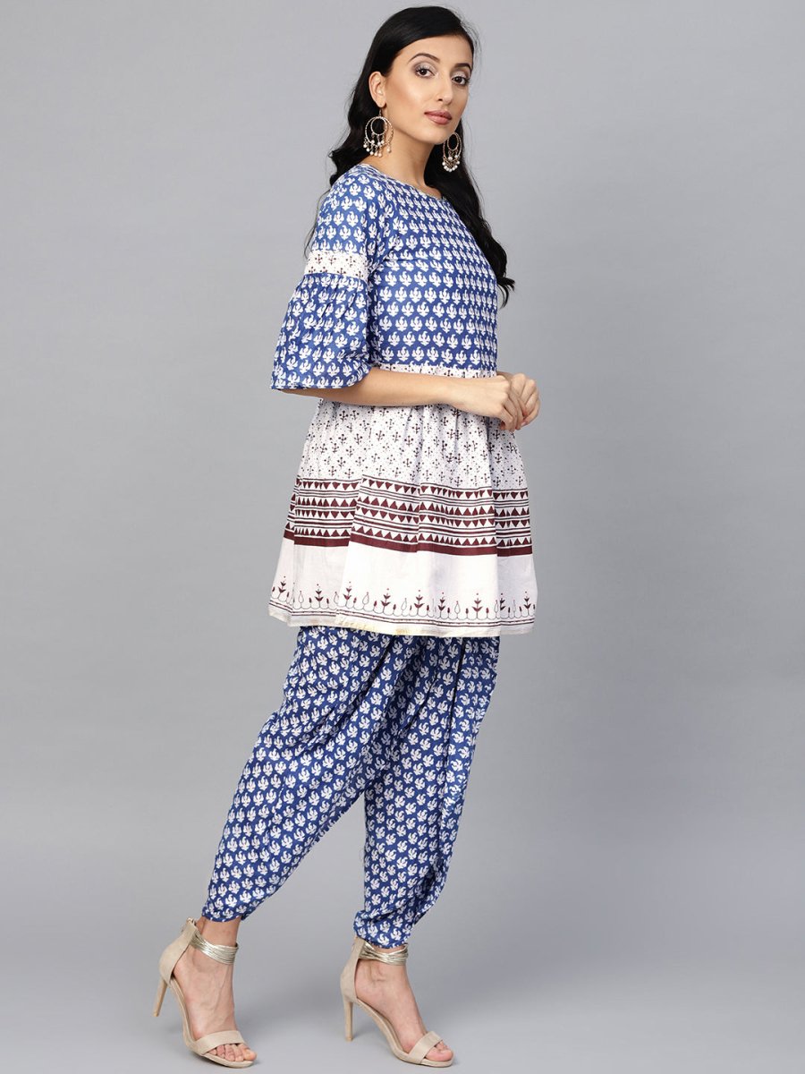 Ahalyaa Women Blue & White Printed Kurti with Dhoti Pants - Distacart