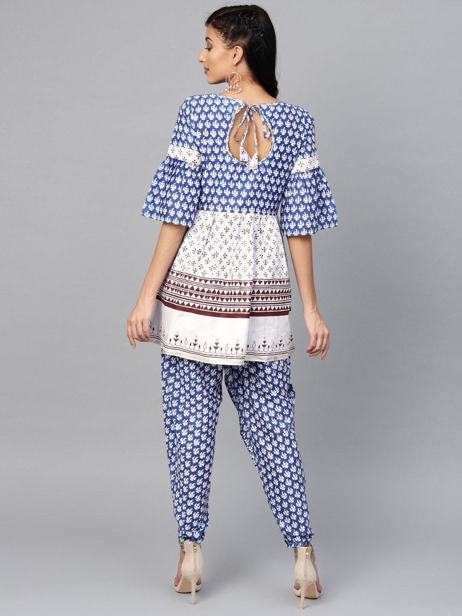 Ahalyaa Women Blue & White Printed Kurti with Dhoti Pants - Distacart