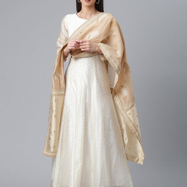 Ahalyaa Women Cream-Coloured & Golden Printed Anarkali Kurta with Dupatta