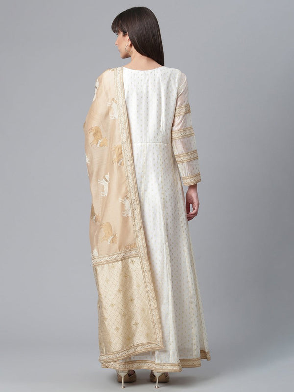 Ahalyaa Women Cream-Coloured & Golden Printed Anarkali Kurta with Dupatta